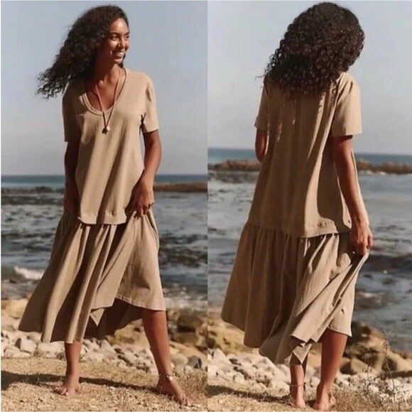 Free People Beach Herron Drop-Waist Maxi Dress Medium Green Oversized TEAL New - Picture 1 of 8